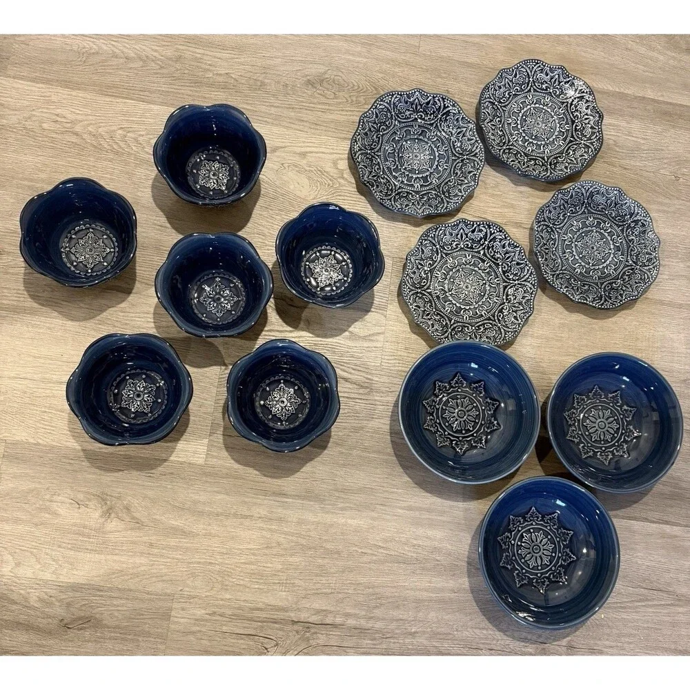 dinnerware set VTG Baroque-style embossed design deep cobalt & ceramic 13 Plates